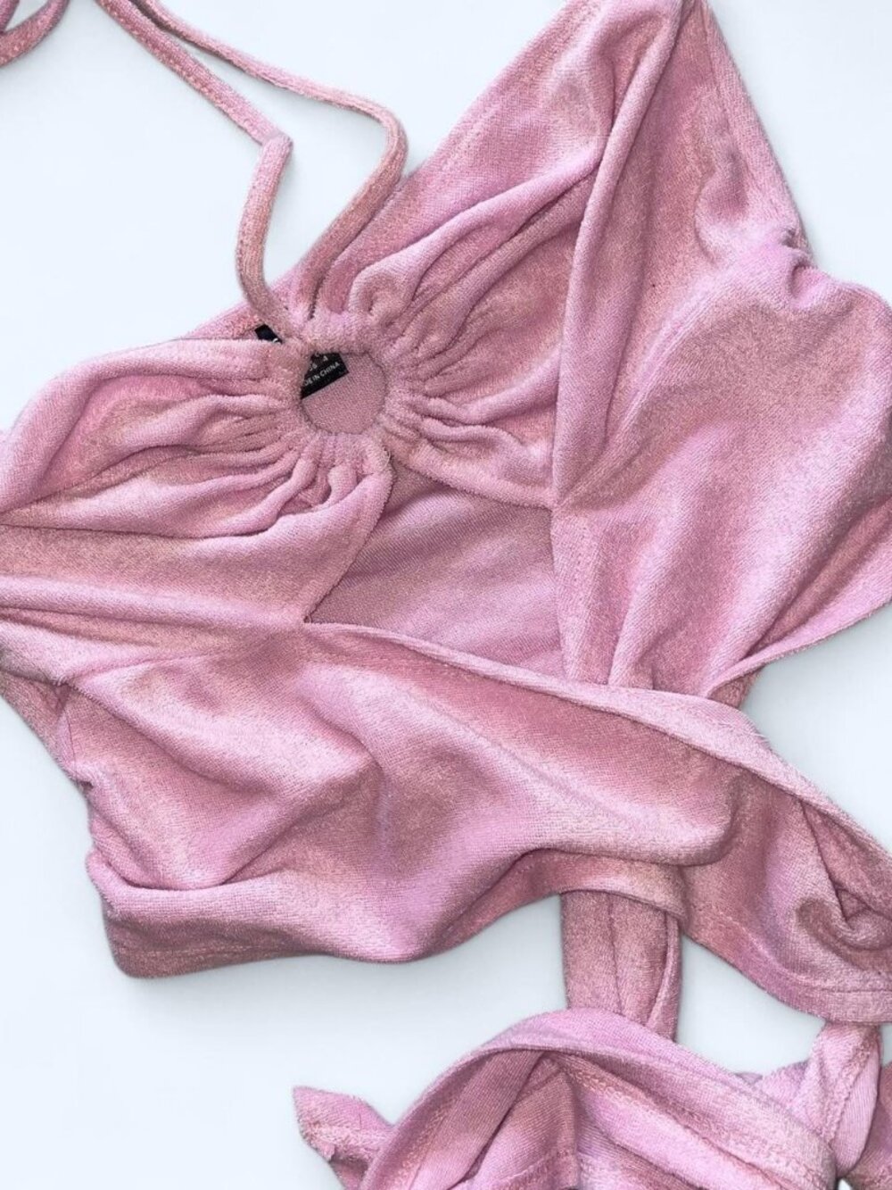 SHEIN pink terry cloth halter wrap tie back top